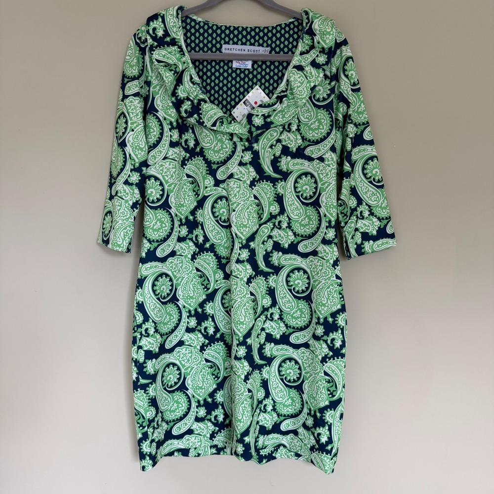 Gretchen Scott Plentiful Paisley Ruffneck Popover Shift Dress L Green/Navy NWT